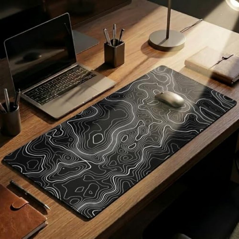 حصيرة لوحة ماوس كمبيوتر محمول لمكتب الألعاب: تصميم محيطي لخريطة طبوغرافية ممتدة كبيرة 29.5 × 16 بوصة، قاعدة مطاطية غير قابلة للانزلاق، خلفية سوداء، سطح قماش متين - Image 2