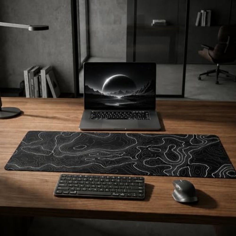 حصيرة لوحة ماوس كمبيوتر محمول لمكتب الألعاب: تصميم محيطي لخريطة طبوغرافية ممتدة كبيرة 29.5 × 16 بوصة، قاعدة مطاطية غير قابلة للانزلاق، خلفية سوداء، سطح قماش متين - Image 5