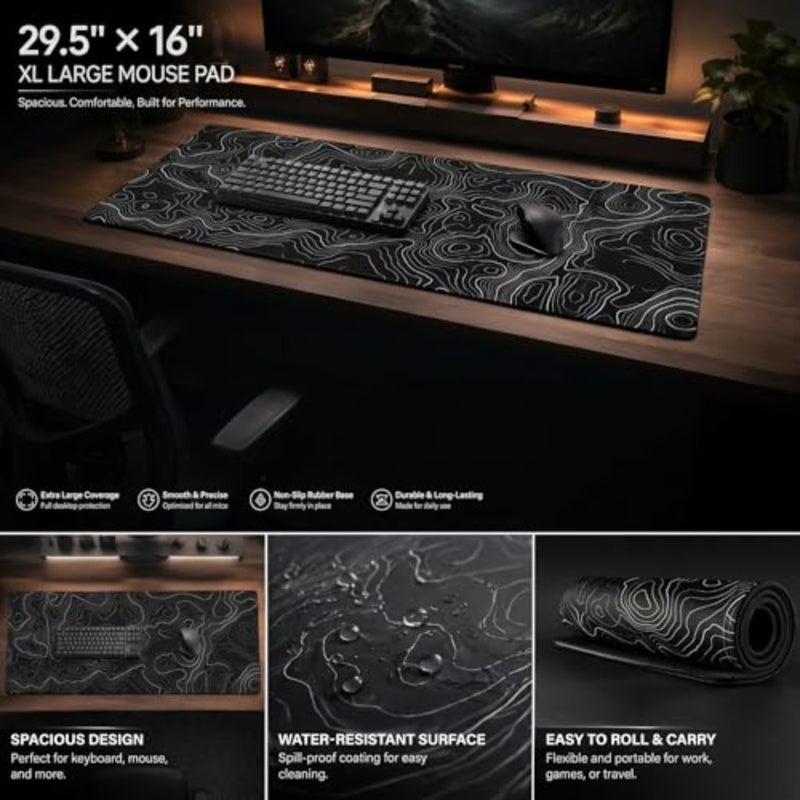 حصيرة لوحة ماوس كمبيوتر محمول لمكتب الألعاب: تصميم محيطي لخريطة طبوغرافية ممتدة كبيرة 29.5 × 16 بوصة، قاعدة مطاطية غير قابلة للانزلاق، خلفية سوداء، سطح قماش متين - Image 4