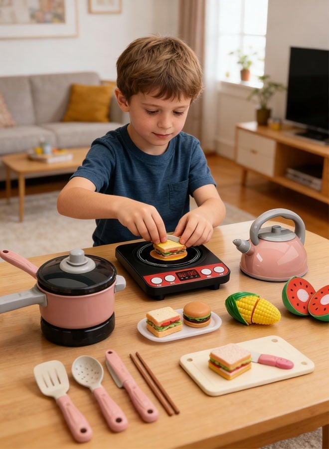 86 Pieces Kids Kitchen Playset, Kitchen Toy Set,Portable Pretend Play Simulation Induction Cooker Cooking Tableware Fruit Toys Kitchen Utensils With Sound Effects Various Styles Of Play - Image 4