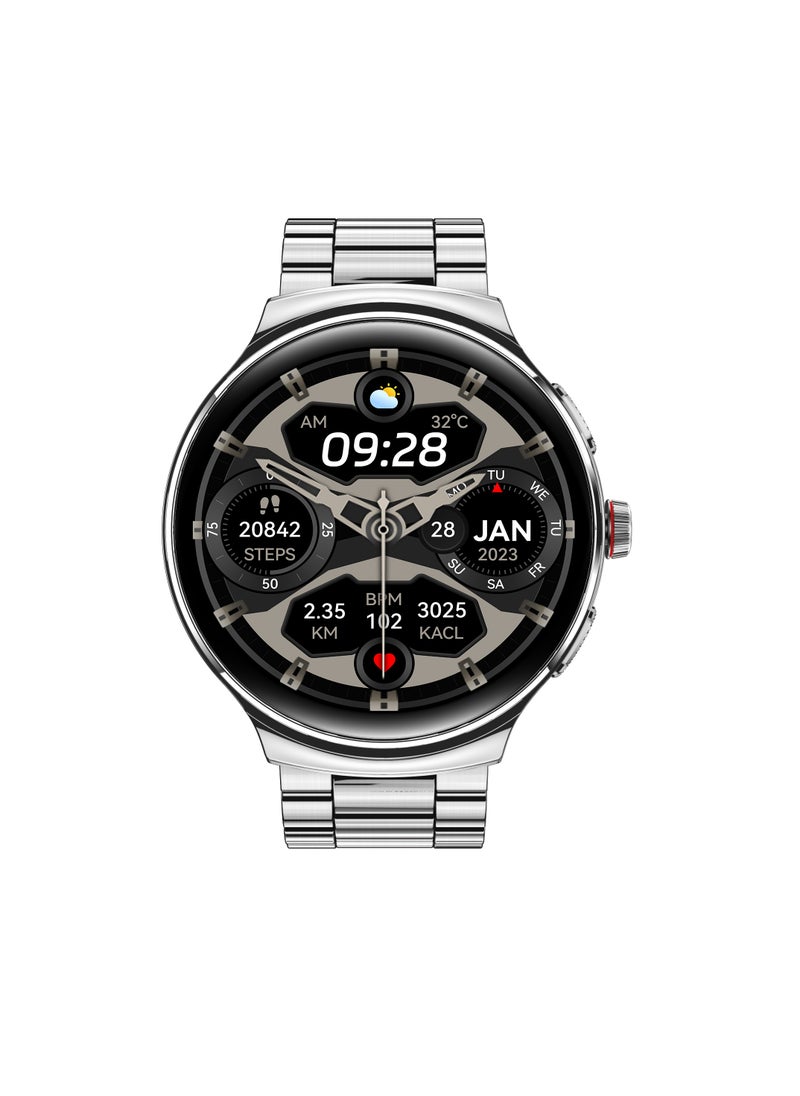iOsuite Smart Watch Support Bluetooth Calling 1.43" AMOLED Curved Glass - Fitness Tracker with Heart Rate, SpO2, Sleep, Drinking reminder, Support Android and IOS Phones - Silver Metal Strap - FAMO40 Silver  - Image 1