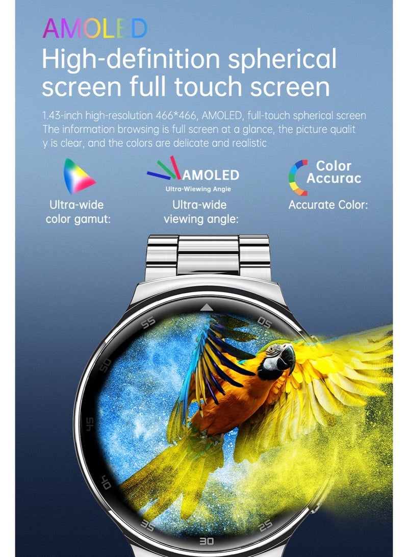 اى او سويت ساعة iOsuite الذكية مع مكالمات بلوتوث، شاشة AMOLED منحنية ‏1.43 بوصة بزجاج منحني، واجهة ثلاثية الأبعاد، قياس نبض القلب وضغط الدم والأكسجين SpO2، تتبع النوم والرياضة، أكثر من 100 وضع رياضي، مقاومة للماء IP68، متوافقة مع أندرويد وiOS – سوار معدني فضي (FAMO40) - Image 2