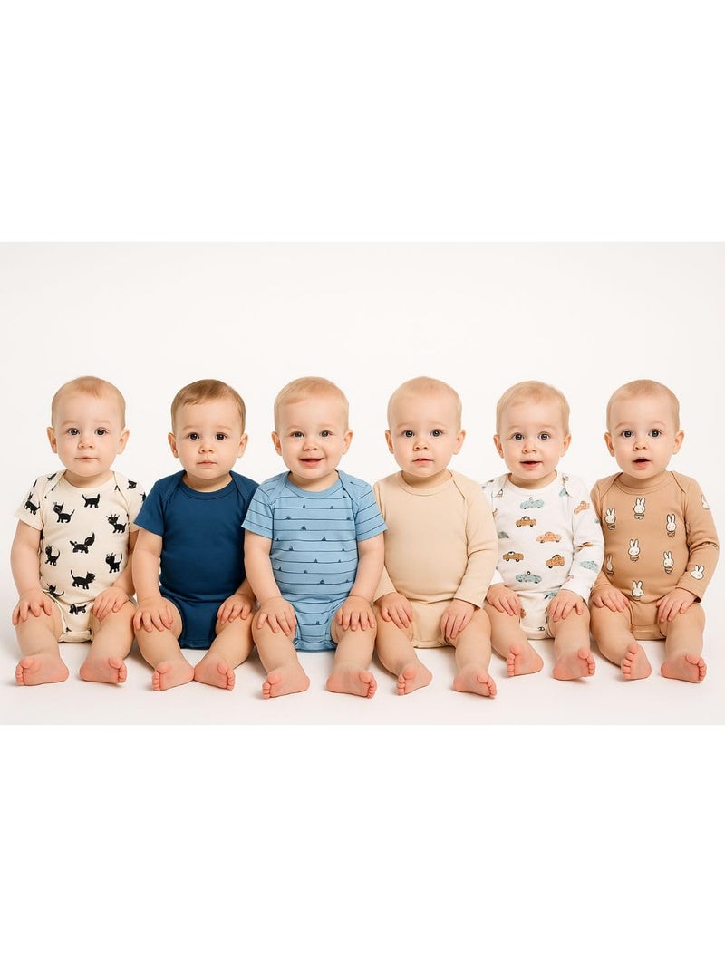 TuddyBuddy Baby Boys Cotton Multi Color Romper/Bodysuit Combo (Pack of 6-3 Half Sleeves & 3 Full Sleeves Bodysuits, 9-12 Months / 1 Year Baby Boy) - Image 4