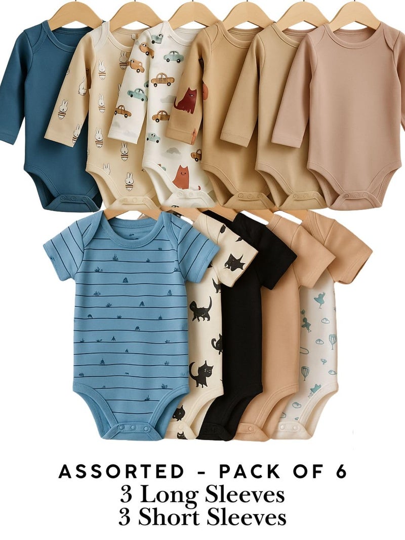 TuddyBuddy Baby Boys Cotton Multi Color Romper/Bodysuit Combo (Pack of 6-3 Half Sleeves & 3 Full Sleeves Bodysuits, 9-12 Months / 1 Year Baby Boy) - Image 3