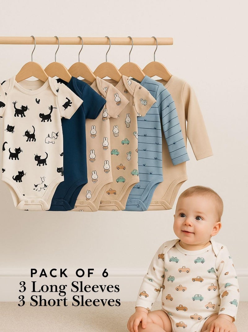 TuddyBuddy Baby Boys Cotton Multi Color Romper/Bodysuit Combo (Pack of 6-3 Half Sleeves & 3 Full Sleeves Bodysuits, 9-12 Months / 1 Year Baby Boy) - Image 2