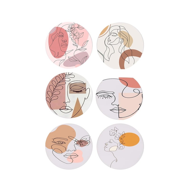 TAJNAN TAJNAN Printed Coaster Set of 6 Beautiful Wooden Coasters Plastic Coating Designer Coaster Stand Set Fit for Tea CupsCoffee Mugs Glasses Round 4x4 Inch TAJRoundCoasterWomen FACE Art - Image 1