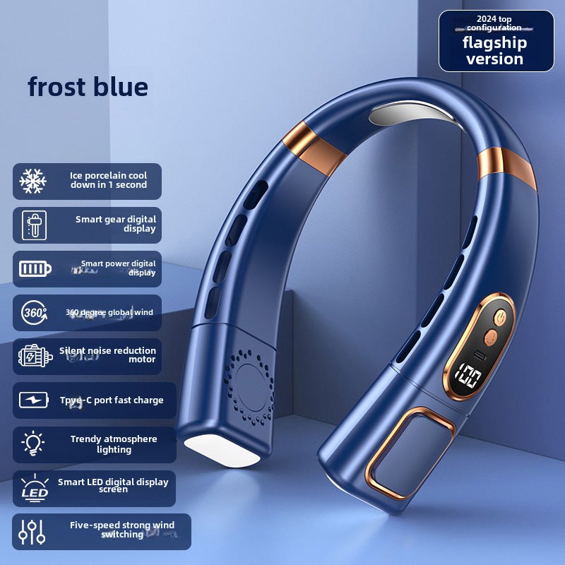 New Neck Fan with LED Light Display Rechargeable Mini Portable USB Blue Flagship Edition [Fifth Gear Digital Display + Lighting + Ice Porcelain + Type-C Interface]]