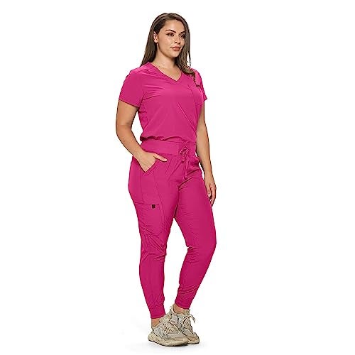 Monarch Uniforms Slim Fit Stretchy Scrubs Women's Jogger Scrub Set Slim Jogger Scrubs with Tuck-In Top for Women (HOT PINK-XL) - Image 2
