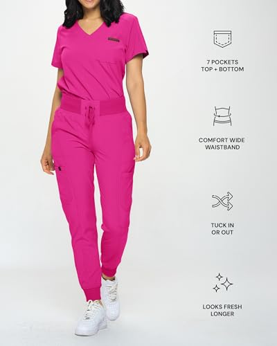 Monarch Uniforms Slim Fit Stretchy Scrubs Women's Jogger Scrub Set Slim Jogger Scrubs with Tuck-In Top for Women (HOT PINK-XL) - Image 3