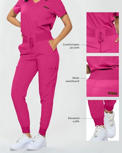 Monarch Uniforms Slim Fit Stretchy Scrubs Women's Jogger Scrub Set Slim Jogger Scrubs with Tuck-In Top for Women (HOT PINK-XL) - Image 5