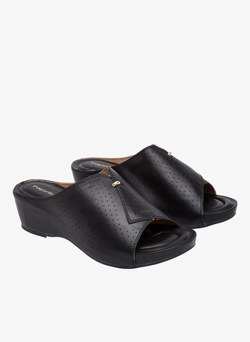 Paprika Women's Perforated Slip-On Peep Toe Sandals with Wedge Heels