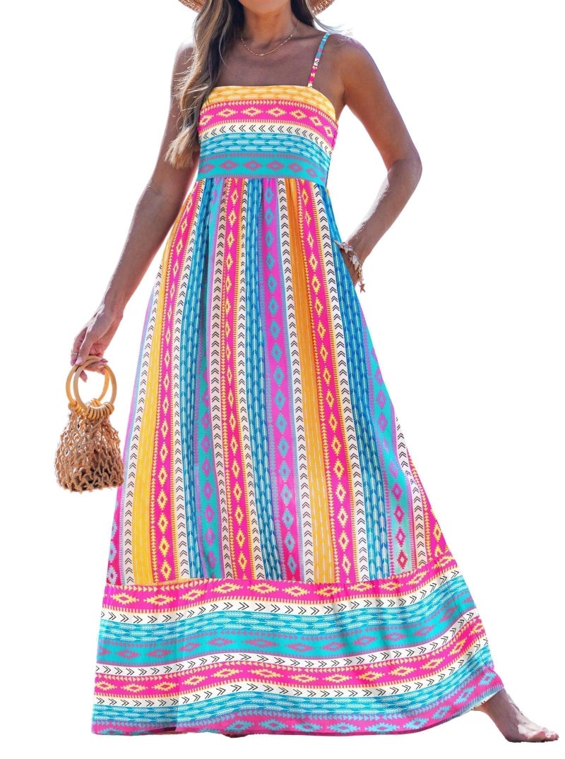 popvil Women Summer Maxi Dress 2026 Spaghetti Strap Long Beach Dress A-Line Flowy Casual Sleeveless Sun Dress Wedding Party(Multicolor Blue,Small) - Image 1