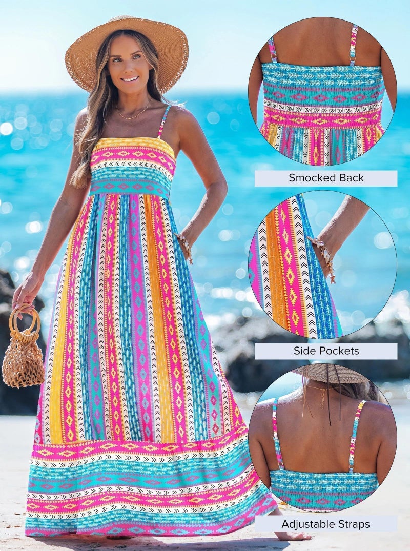 popvil Women Summer Maxi Dress 2026 Spaghetti Strap Long Beach Dress A-Line Flowy Casual Sleeveless Sun Dress Wedding Party(Multicolor Blue,Small) - Image 4