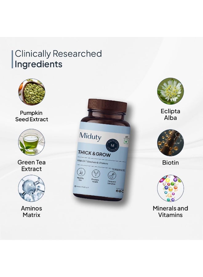 Miduty Thick & Grow Biotin Hair Supplement with DHT Blockers, Amino Acids, Vitamins & Minerals for Glowing Skin, Strong Hair & Nail- for Men & Women - 60 Veg Capsules - Image 2