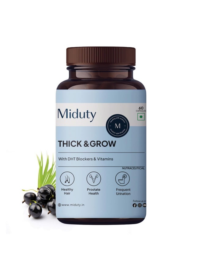 Miduty Thick & Grow Biotin Hair Supplement with DHT Blockers, Amino Acids, Vitamins & Minerals for Glowing Skin, Strong Hair & Nail- for Men & Women - 60 Veg Capsules - Image 1
