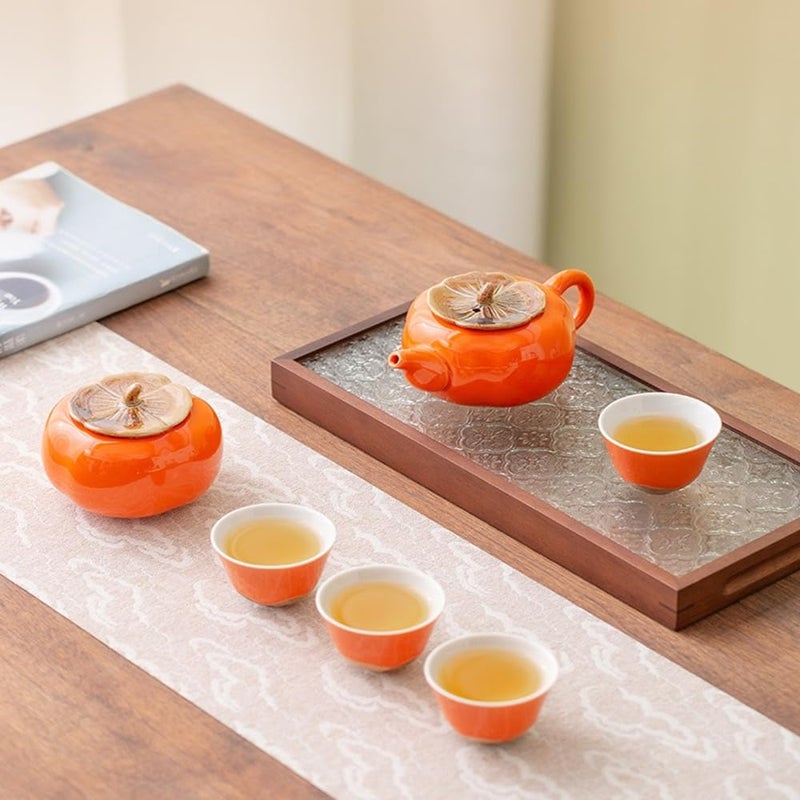 ZPGXLRZ Portable Gongfu Ceramic Tea Set - Beautiful Persimmon-Shaped Chinese Tea Set with Teapot, Tea Can & 4 Cups, Gift Boxed - Image 4