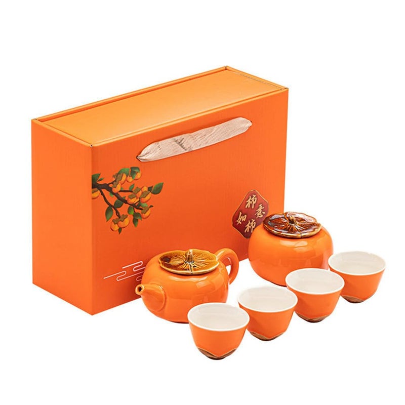 ZPGXLRZ Portable Gongfu Ceramic Tea Set - Beautiful Persimmon-Shaped Chinese Tea Set with Teapot, Tea Can & 4 Cups, Gift Boxed - Image 1