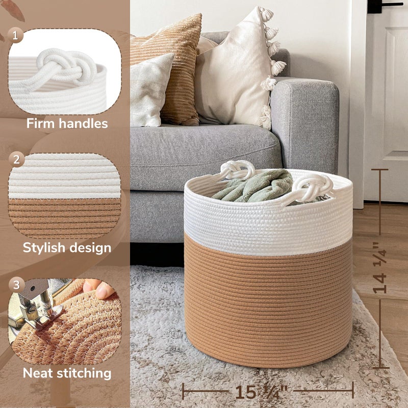 Goodpick Cotton Rope Storage Basket, 15 x 14.2 Inches Jute Woven Basket for Blankets Clothes Organizing, Baby Laundry Baskets Toy Storage With Handle, White Jute - Image 3