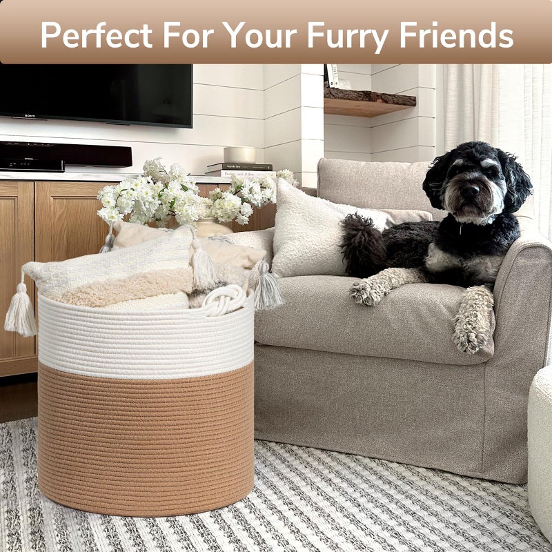 Goodpick Cotton Rope Storage Basket, 15 x 14.2 Inches Jute Woven Basket for Blankets Clothes Organizing, Baby Laundry Baskets Toy Storage With Handle, White Jute - Image 5