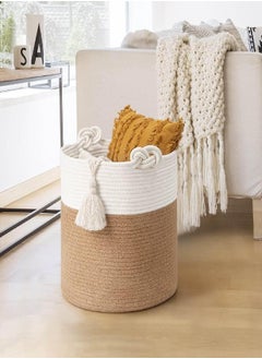 Goodpick Goodpick Cotton Rope Basket with Handle for Baby Laundry Basket Toy Storage Blanket Storage Nursery Basket Soft Storage Bins-Woven Basket, 15'' × 15'' × 14.2'', Jute  - Image 1
