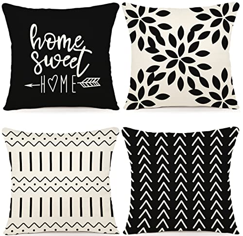 YCOLL Pillow Covers 18x18 Set of 4, Modern Sofa Throw Pillow Cover, Decorative Outdoor Linen Fabric Pillow Case for Couch Bed Car, Black - Image 1