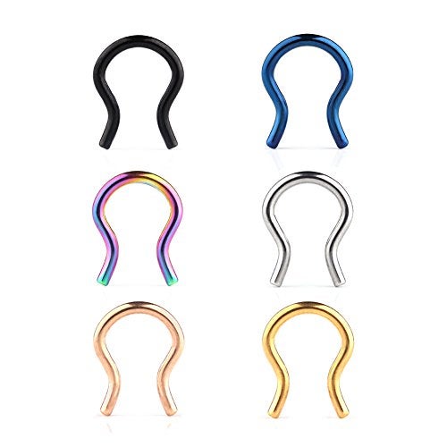 Ruifan 6PCS 316L Surgical Steel U-Shaped & Staple Nose Septum Hanger Retainer Nose Ring 14g (Mix Colors 2#) - Image 1