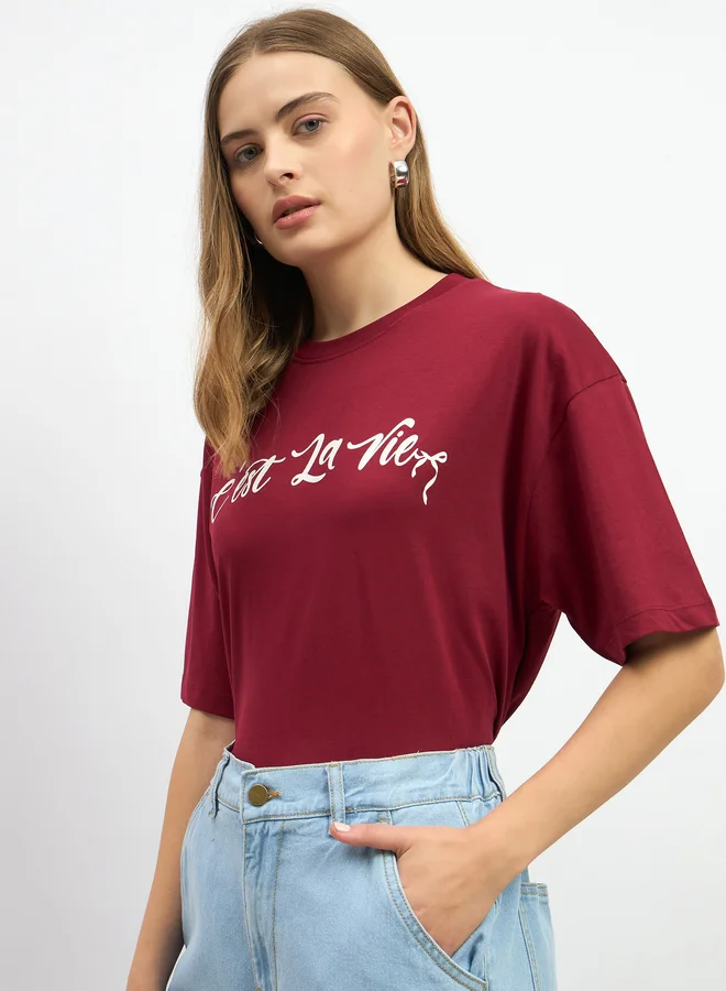 Styli Slogan Print Oversized Round Neck T-Shirt