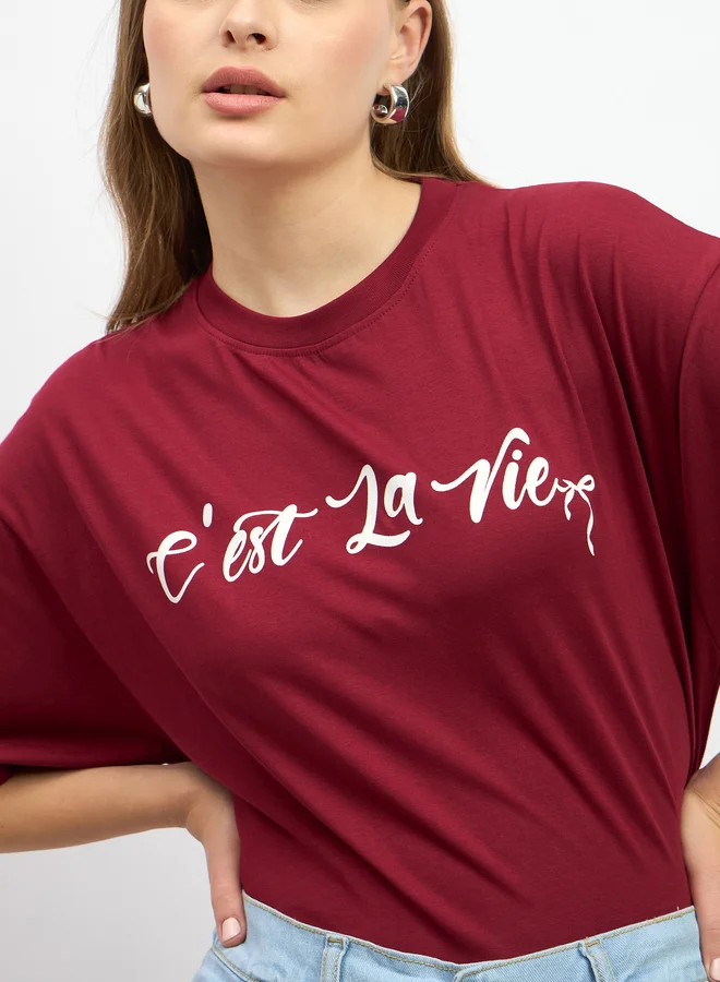 Styli Slogan Print Oversized Round Neck T-Shirt