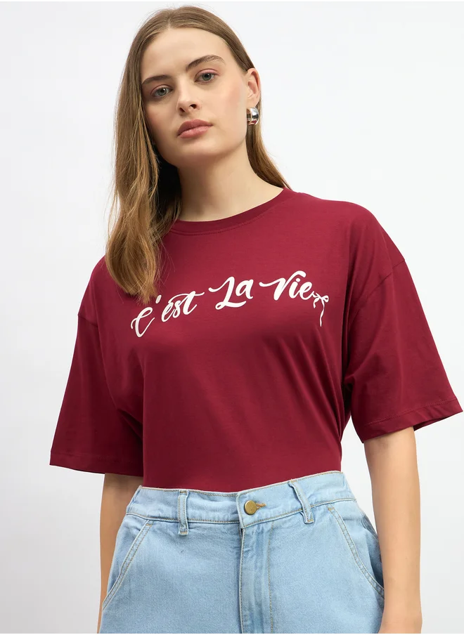 ستايلي Slogan Print Oversized Round Neck T-Shirt