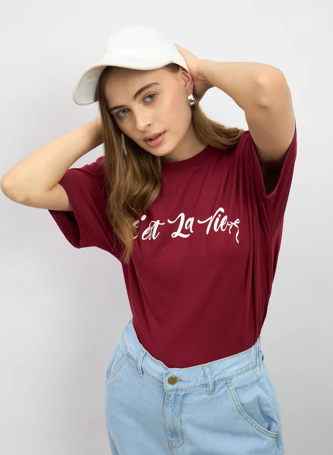 Styli Slogan Print Oversized Round Neck T-Shirt
