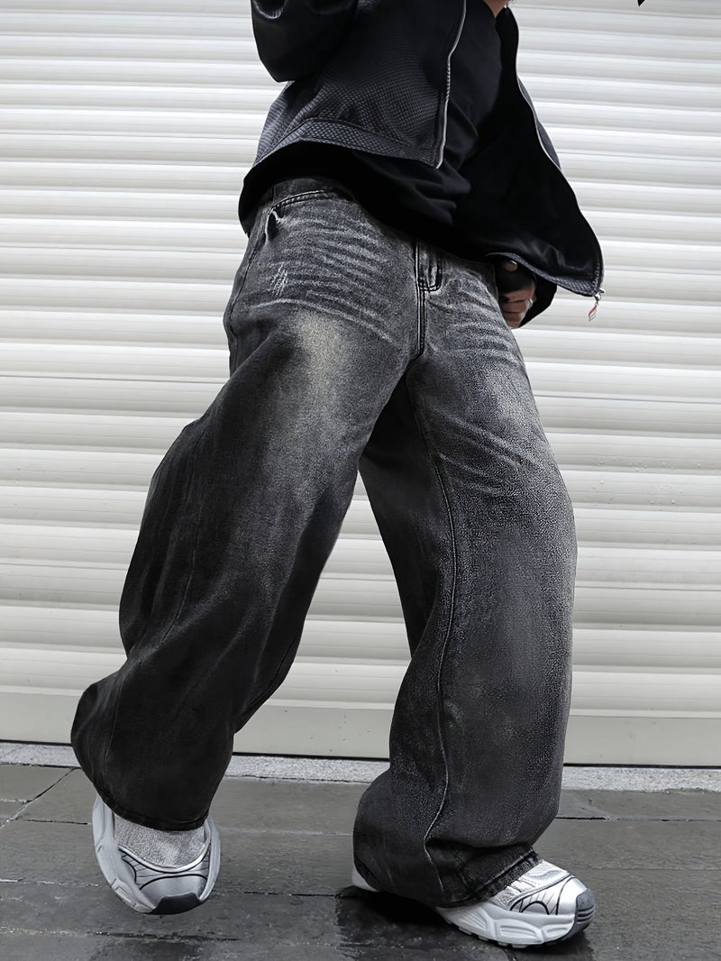 American Retro Dark Gray Washed Old Ultra Baggy Straight Men'S Jeans, Suitable for Work And Leisure () - Image 4