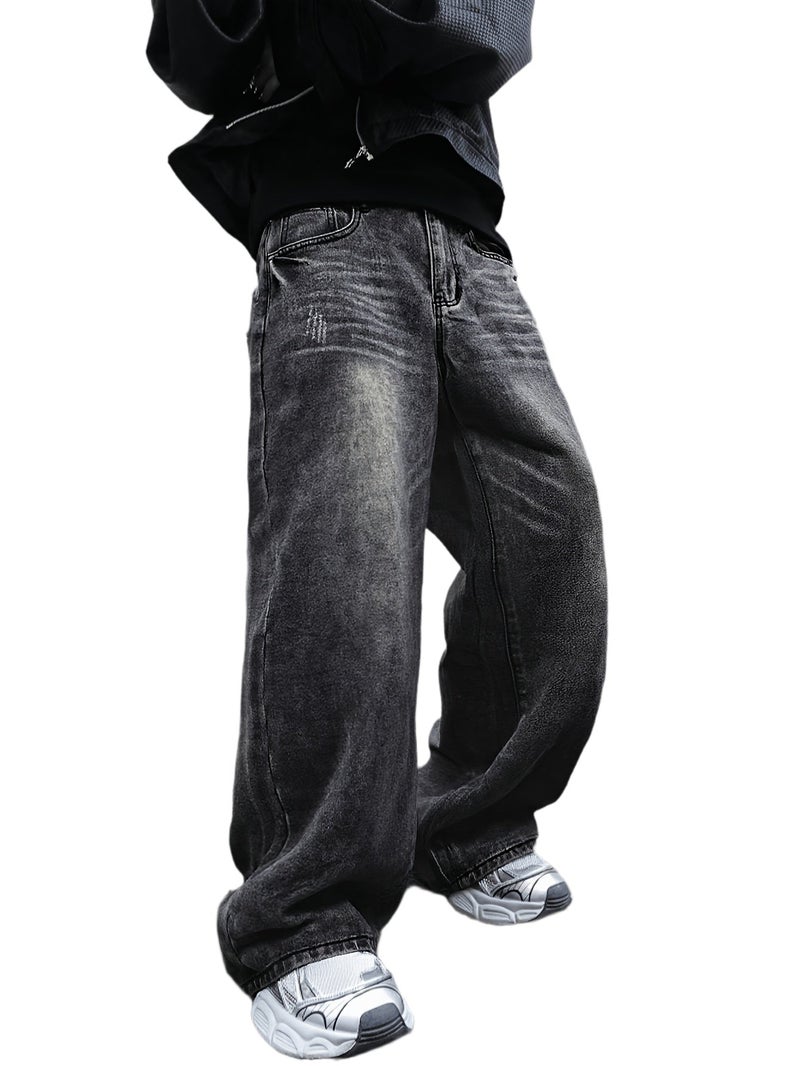 American Retro Dark Gray Washed Old Ultra Baggy Straight Men'S Jeans, Suitable for Work And Leisure () - Image 1