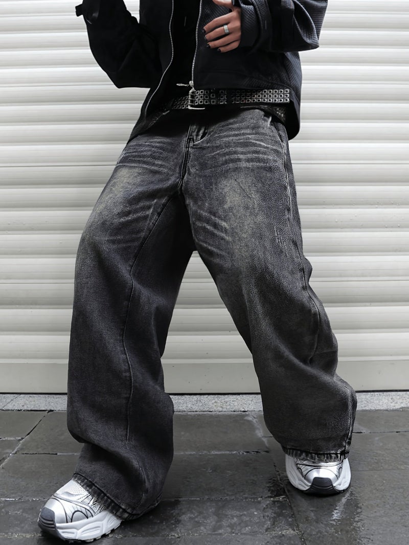 American Retro Dark Gray Washed Old Ultra Baggy Straight Men'S Jeans, Suitable for Work And Leisure () - Image 3