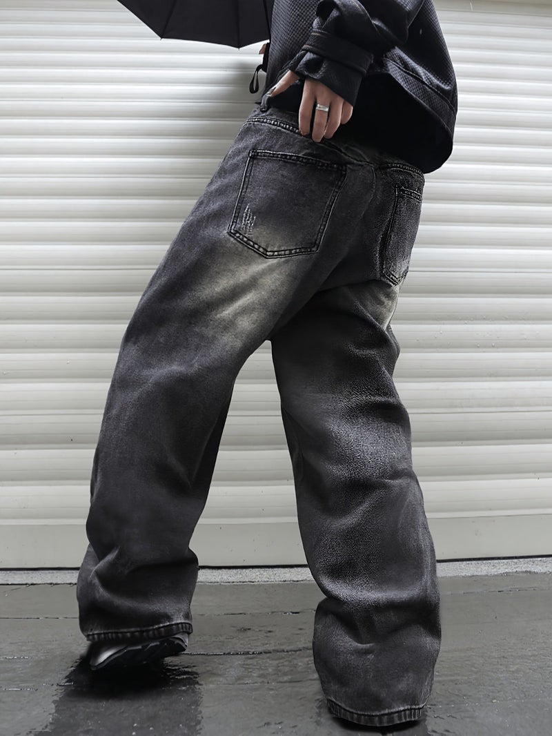 American Retro Dark Gray Washed Old Ultra Baggy Straight Men'S Jeans, Suitable for Work And Leisure () - Image 2