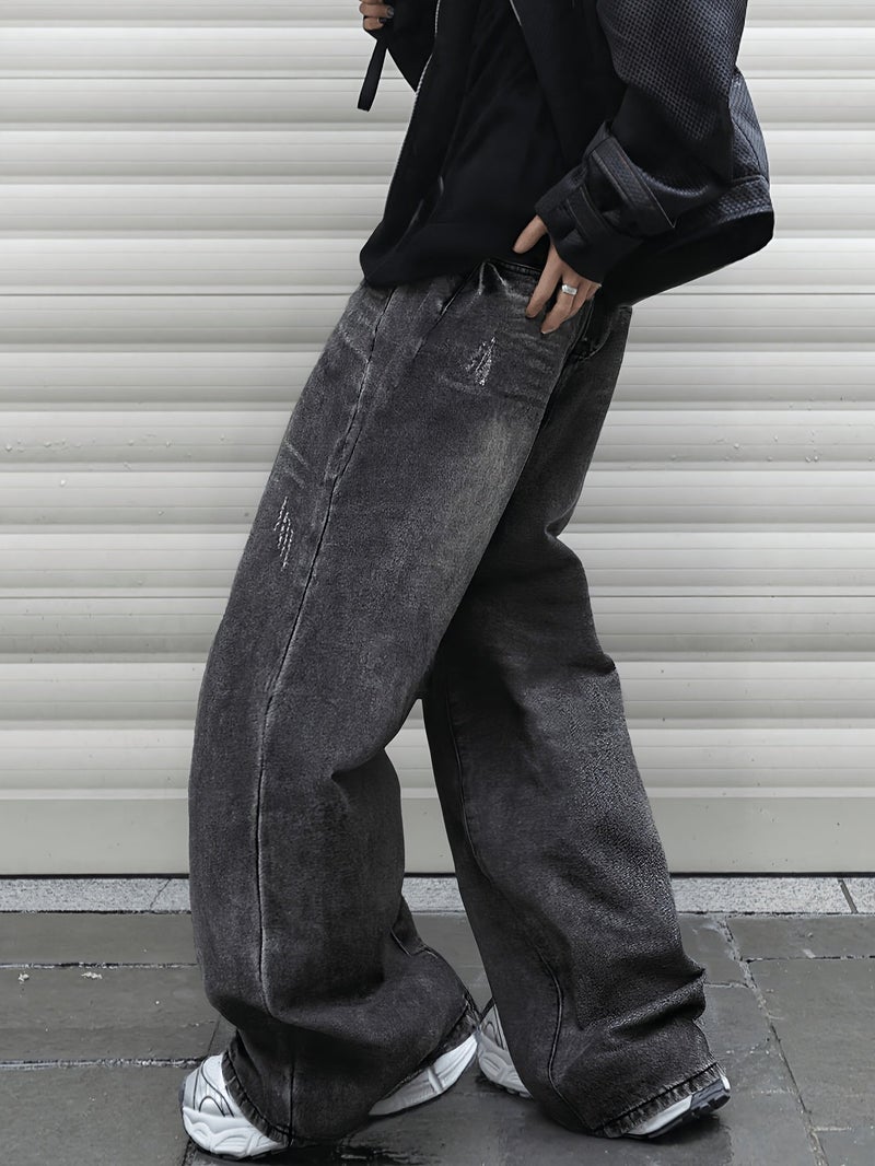 American Retro Dark Gray Washed Old Ultra Baggy Straight Men'S Jeans, Suitable for Work And Leisure () - Image 5