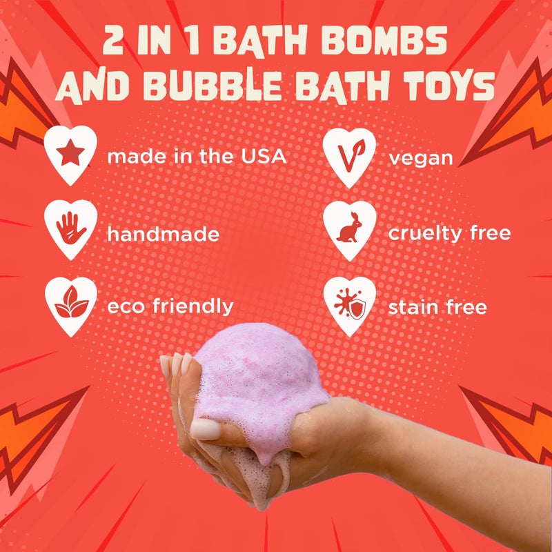 Two Sisters Superhero Bath Bombs for Kids with Surprise Toys Inside (6 Pack) - Large Bubble Bomb Fizzies for Boys, Girls, & Toddlers - Fruity Scents, Relaxing Aromas, Made in USA, Birthday Gift by Two Sisters - Image 5