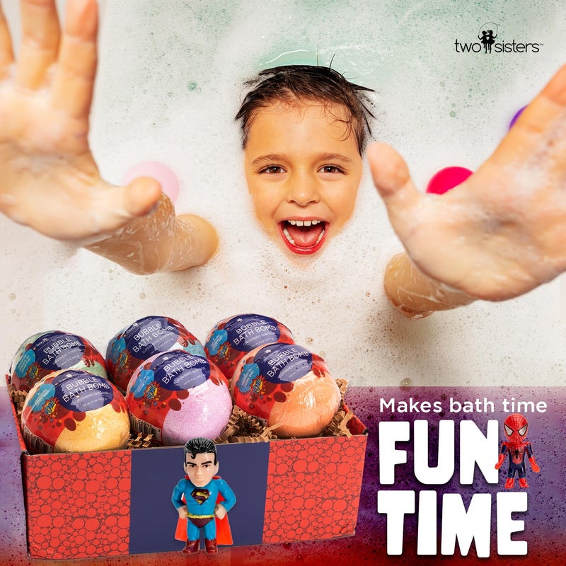 Two Sisters Superhero Bath Bombs for Kids with Surprise Toys Inside (6 Pack) - Large Bubble Bomb Fizzies for Boys, Girls, & Toddlers - Fruity Scents, Relaxing Aromas, Made in USA, Birthday Gift by Two Sisters - Image 2
