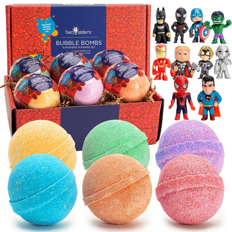 Two Sisters Superhero Bath Bombs for Kids with Surprise Toys Inside (6 Pack) - Large Bubble Bomb Fizzies for Boys, Girls, & Toddlers - Fruity Scents, Relaxing Aromas, Made in USA, Birthday Gift by Two Sisters - Image 1
