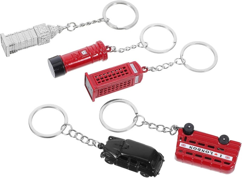 Uonlytech London Travel Keepsake Keychain Set 5Pcs Red Bus Mailbox Telephone Booth Taxi Landmark Souvenir Accessories for Tourists and Collectors - Image 1