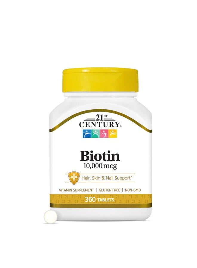 21st Century أقراص البيوتين 10,000 ميكروغرام (360 حبة)، مكمل البيوتين عالي الفعالية، يدعم صحة الشعر والبشرة والأظافر، خالي من الجلوتين والسكر، مكمل يومي من فيتامين B7، غير معدل وراثيًا - Image 1