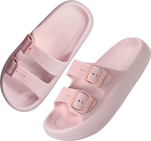 BenSorts Women Cushion Slides Foam Sandal 2 Buckle Adjustable Outdoor Female Pillow Slippers Slides Shower Shoes Slippers Light Pink Men Size 7 8 Women Size 8 9 - Image 1