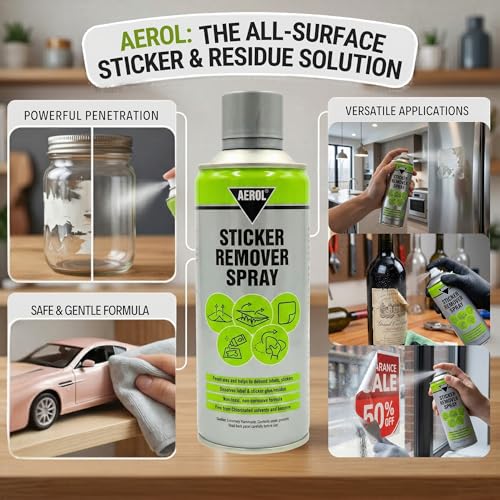 Aerol Sticker Remover Spray | Removes Stickers, Labels & Adhesive Residue | Safe for Glass, Metal, Plastic & Painted Surfaces | Grade 835 (275g/406ml) - Image 4