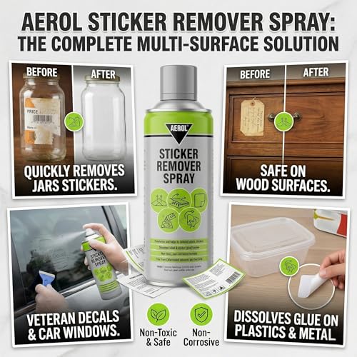 Aerol Sticker Remover Spray | Removes Stickers, Labels & Adhesive Residue | Safe for Glass, Metal, Plastic & Painted Surfaces | Grade 835 (275g/406ml) - Image 2