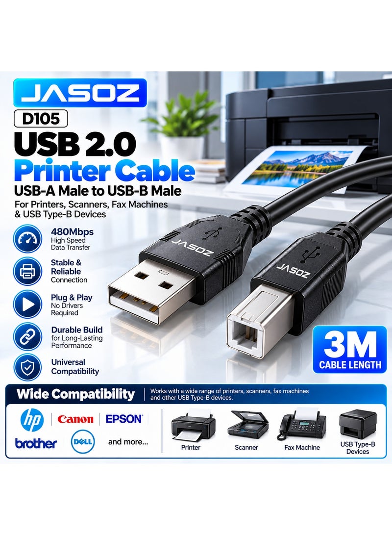JASOZ D105 USB 2.0 Printer Cable 3M, USB-A Male to USB-B Male High Speed Cable, 480Mbps Data Transfer, Stable & Reliable Connection @ HP, Canon, Epson, Brother, Dell Printers, Scanner, Fax Machine & USB Type-B Devices - Image 1