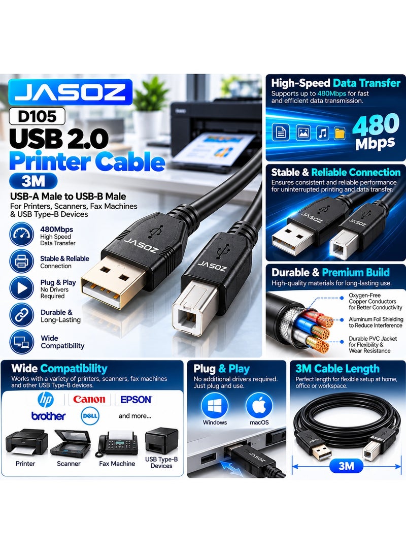 JASOZ D105 USB 2.0 Printer Cable 3M, USB-A Male to USB-B Male High Speed Cable, 480Mbps Data Transfer, Stable & Reliable Connection @ HP, Canon, Epson, Brother, Dell Printers, Scanner, Fax Machine & USB Type-B Devices - Image 2