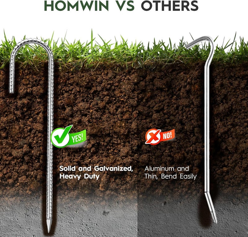 Homwin أوتاد أرضية Homwin بطول 12 بوصة، ثقيلة، عبوة 28 قطعة، أوتاد حديد تسليح للسياج بقطر 5/16 بوصة، مسامير أرضية على شكل J، أوتاد خيام، مثبتات مجموعة أرجوحة وبرجولة - Image 3