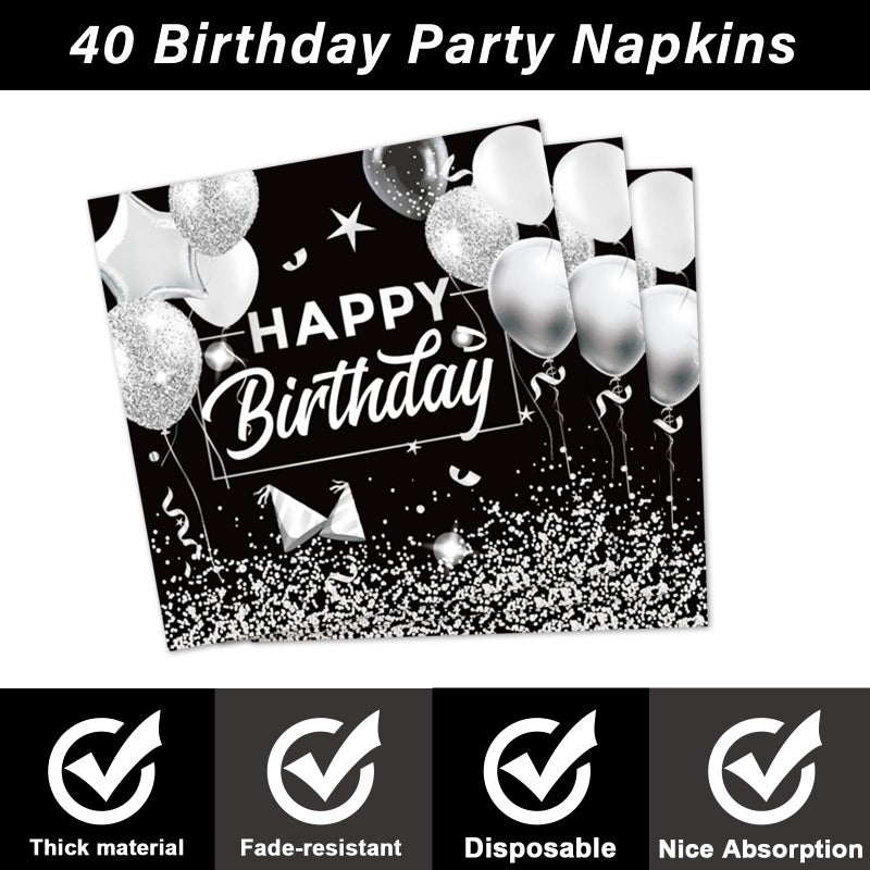 OBUSATT 96Pcs 40th Birthday Plates and Napkins Party Supplies Black and White Silver 40th Happy Birthday Party Decorations 40th Tableware Disposable Dinnerware Party Favors for Men Women Serves 24 - Image 4
