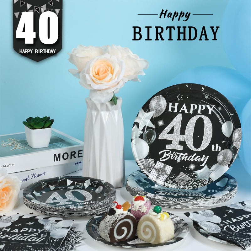 OBUSATT 96Pcs 40th Birthday Plates and Napkins Party Supplies Black and White Silver 40th Happy Birthday Party Decorations 40th Tableware Disposable Dinnerware Party Favors for Men Women Serves 24 - Image 5