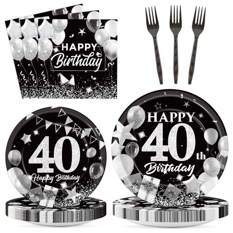 OBUSATT 96Pcs 40th Birthday Plates and Napkins Party Supplies Black and White Silver 40th Happy Birthday Party Decorations 40th Tableware Disposable Dinnerware Party Favors for Men Women Serves 24 - Image 1
