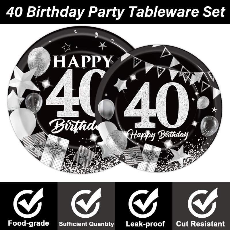 OBUSATT 96Pcs 40th Birthday Plates and Napkins Party Supplies Black and White Silver 40th Happy Birthday Party Decorations 40th Tableware Disposable Dinnerware Party Favors for Men Women Serves 24 - Image 3
